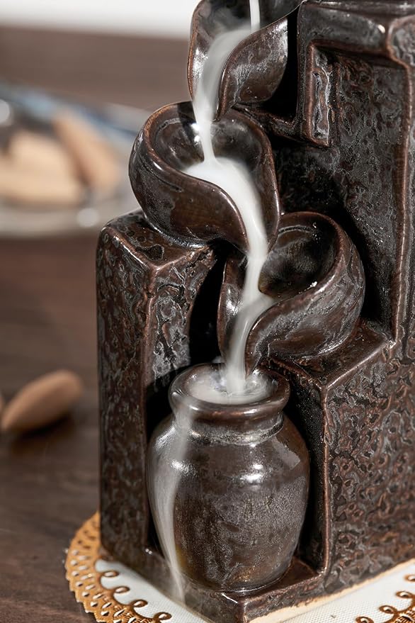 Unique Cascading Basins Ceramic Waterfall Incense Holder, Paired with a Pack of Backflow Incense Cones. (Metallic)