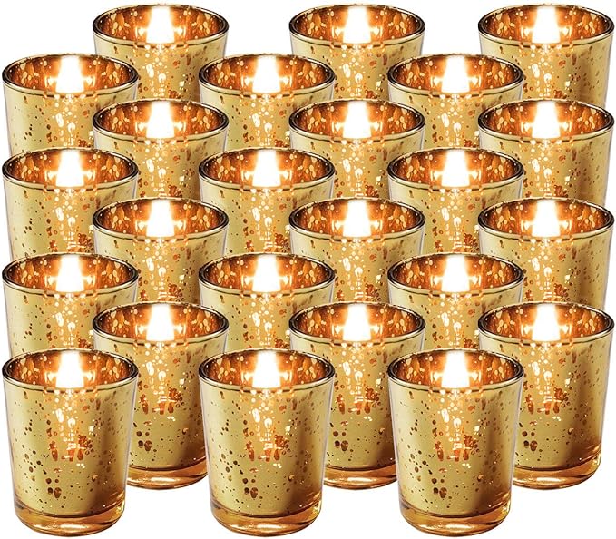 Royal Imports Gold Mercury Glass Votive Candle Holder, Table Centerpiece Tealight Decoration for Elegant Dinner, Party, Wedding, Holiday, Set of 24 (Unfilled)