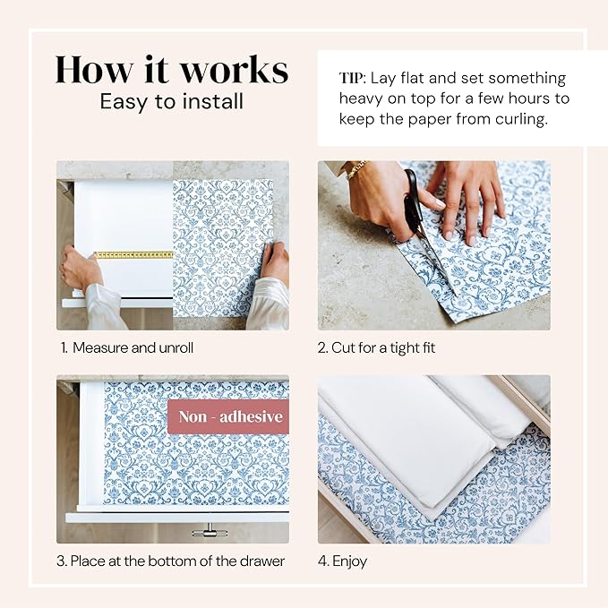 Shelf Paper - 14" x 19.5" (Royal Damask) English Rose Scented Drawer Liners for Dresser, Bedroom & Bathroom - Non-Adhesive Drawer Liner Paper - 6 Sheets