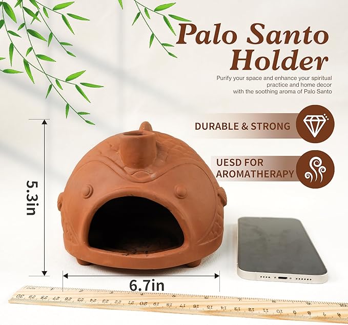 Large Fish-Shaped Terracotta Palo Santo Holder - Cone Burner for Sage,Chiminea Incense Dish with Chimney,Ideal for Meditation, Zen, Yoga, Spa & Wellness | Anxiety & Stress Relief Items