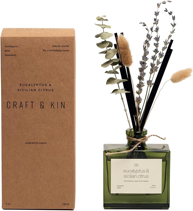 Craft & Kin Reed Diffuser with Dried Flowers | 5 oz Sicilian Citrus & Eucalyptus Scented Fall Reed Diffusers for Home, Bathroom | Scent Sticks | Elegant Fragrance Home Decor for Men & Women
