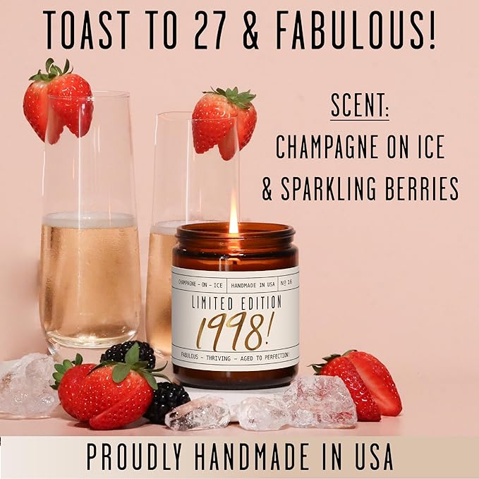 27th Birthday Gifts for Women - 'Limited Edition 1998' Soy Candle, w/Champagne on Ice I 27 Birthday Gifts for Women I 27th Gift for Her Ideas I 9oz Reusable Jar, 50Hr Burn, Made in USA