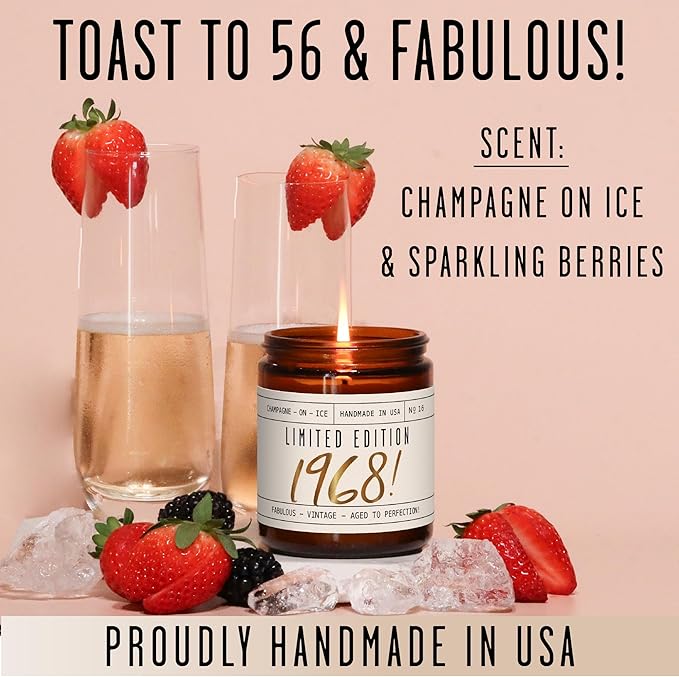 56th Birthday Gifts for Women - 'Limited Edition 1968' Soy Candle, w/Champagne on Ice I 56 Birthday Gifts for Women I 56th Birthday Gift for Her Ideas I 9oz Reusable Jar, 50Hr Burn, Made in USA