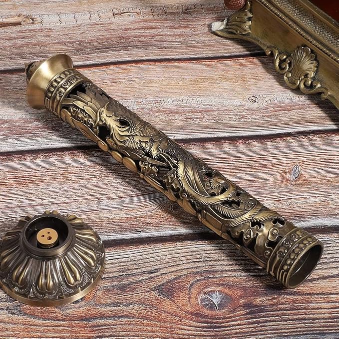 Incense Burner, Stick Incense Holder Brass Incense Holder, Bronze Dragon Phoenix Carving Incense Stick Vertical,Metal Holder Stand for Tea Room Decoration