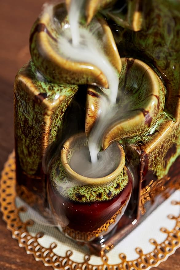 Unique Cascading Basins Ceramic Waterfall Incense Holder, Paired with a Pack of Backflow Incense Cones. (Fambe Green)