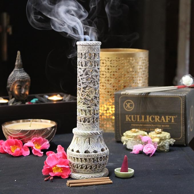 Carry Me Marble Soapstone Incense Stick Holder | Candle Burner | Tea Light Stand - Perfect Handmade Bottle Tower. Decorative Floral Carving for Gifting - Home and Office Decor - (2.5x2.5x10 Inches)