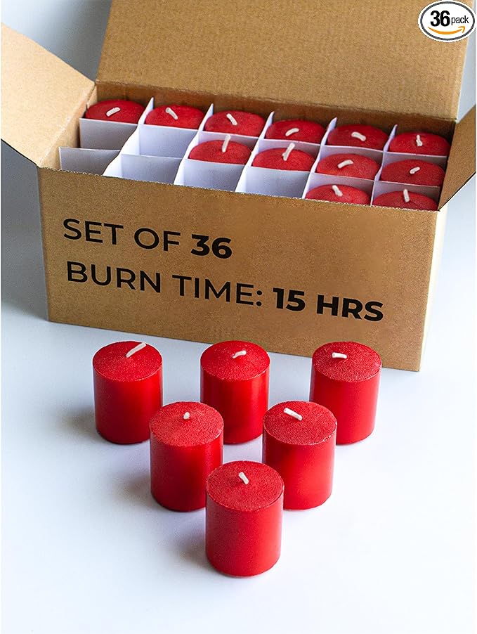 CANDWAX 15 Hour Votive Candles Set of 36 - Red Unscented Christmas or Luminaries - 1.5x1.7 inch
