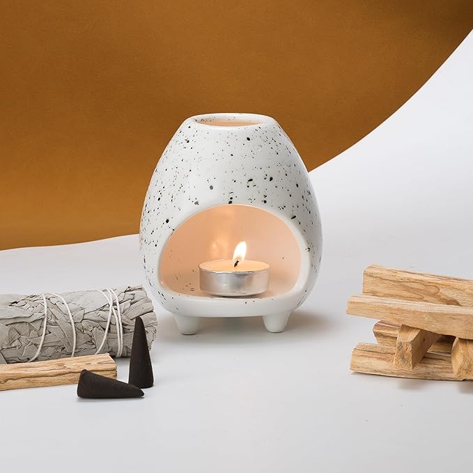 Palo Santo Holder Burner, Handcrafted Ceramic Incense Holder Burner and Ash Catcher for Palo Santo Sticks or sage Bundles, Smudge Bowl, Meditation Home Decor (Speckled White)