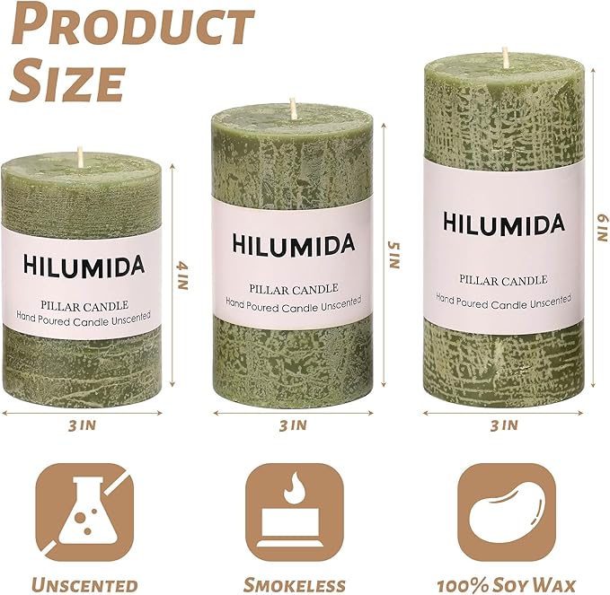 Moss Green Pillar Candles Set of 3 - Hand-Poured Unscented Candles,Smokeless Dripless Candles for Dinner Table and Home, Set of 3 in Different Sizes (3"x4", 3"x5", 3"x6")