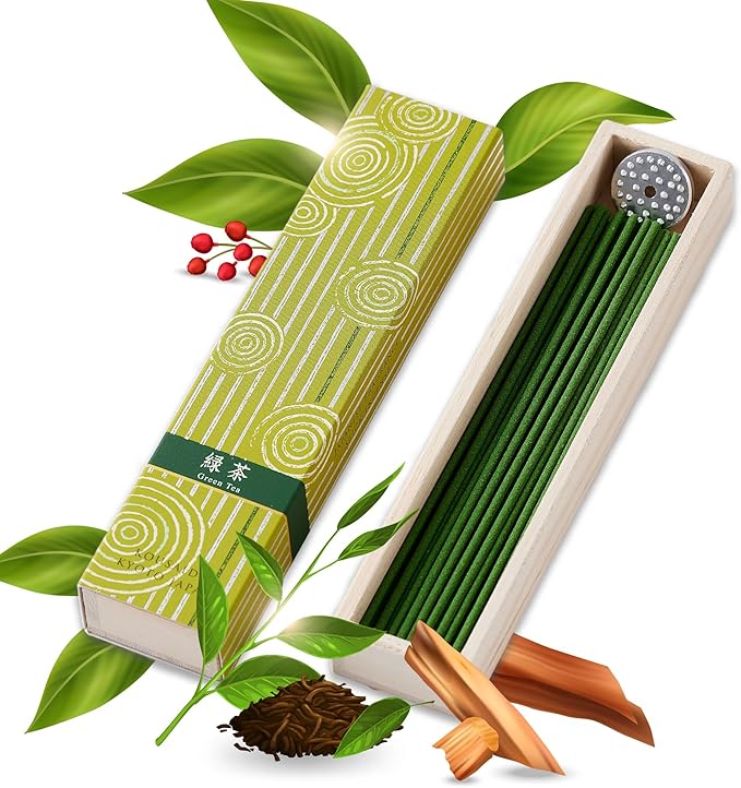 Hasegawa Hyakurakuko Premium Japanese Sandalwood Incense - Long Type, 40 Sticks with Aluminum Holder, 20-30 Min Burn Time, Made in Japan 線香 百楽香 (Green Tea)