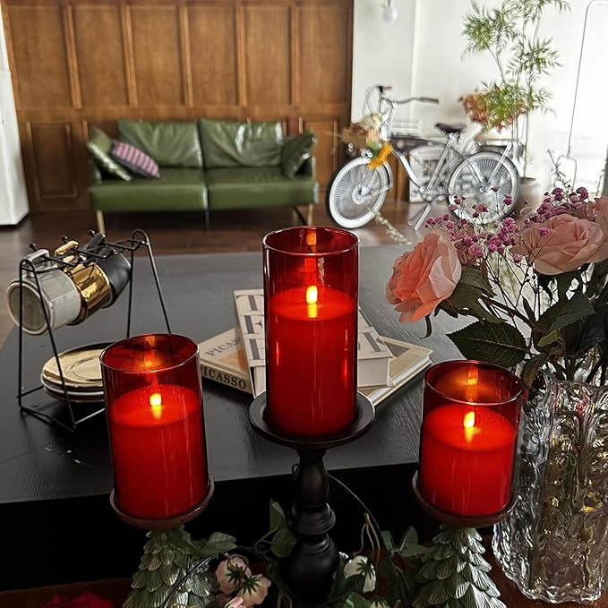 Flameless Candles, LED Candles with Remote Control and Timer, New Real Flickering 3D Wick Battery-Powered Acrylic Column Candles for Romantic Ambiences and Home Décor, Set of 3 (Red)
