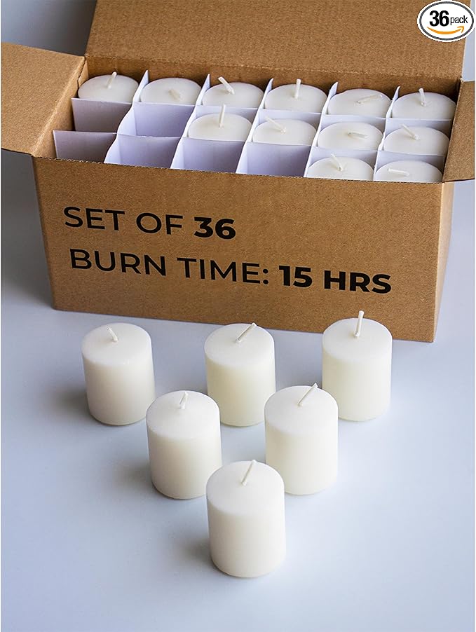 CANDWAX 15 Hour Votive Candles Set of 36 - Ivory Wedding or Emergency Candles - 1.5x1.7 inch Unscented Ivory