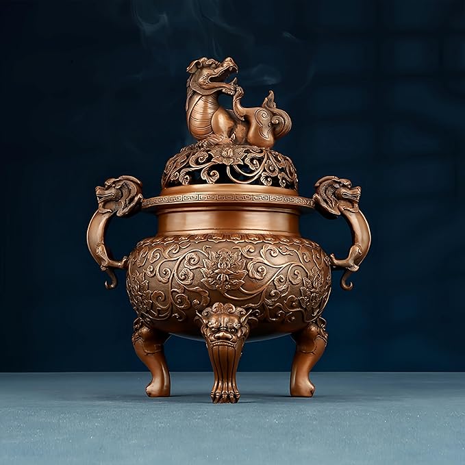 Top Brass Incense Burner & Holder Censer - Handmade for Home Decor, Meditation Decor, Spiritual Gifts, Zen Decor, Suitable for Incense Coil and Incense Cones,Chinese New Year Decoration (Medium)