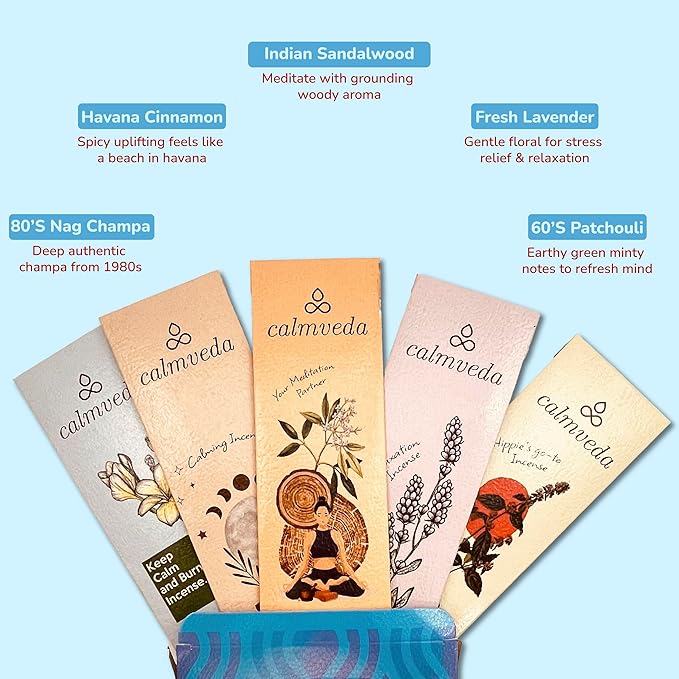 Ōm Meditation Incense Sticks - (5 Variants, 60 Insenses) Charcoal Free Inscents-Sticks | Nag Champa, 60s Patchouli Incense, Lavender Incense, Cinnamon & Sandalwood Incense, Perfect Care Gift