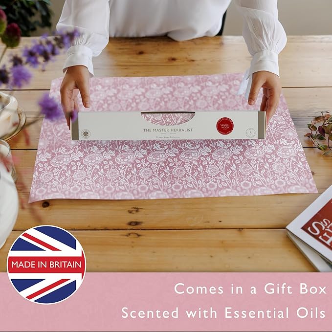 Rose Scented Drawer Liners in a Pink William Morris Design. Contains Rose Essential Oil | Pack of 5 Folded Sheets | Contains Essential Oils | Made in The UK.