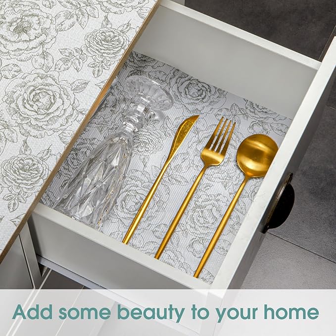 Shelf and Drawer Liner, Kitchen Cabinet Liners Non-Adhesive Thick Non-Slip Waterproof Washable Fragrant Mats Protect Dresser Shelves Cupboard Bathroom Cabinets, Black Rose, 18 in X 30 FT