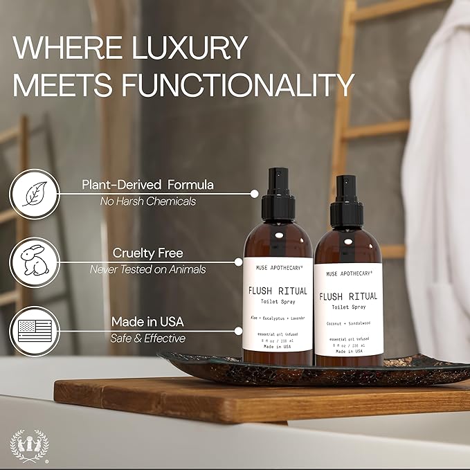 Muse Apothecary Flush Ritual - Aromatic & Refreshing Toilet Spray, Use Before You Go, 8 oz, Infused with Natural Essential Oils - Coconut + Sandalwood, Pack of 3