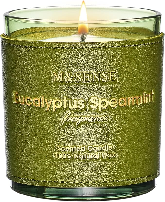 M&SENSE Eucalyptus Mint Scented Vegan Soy Candles, Heavy Scented, 10oz Long Burning 42-Hour Burn Time,Home Fragrance for Stress Relief, Calming, Meditation, Housewarming Gift for Women and Men