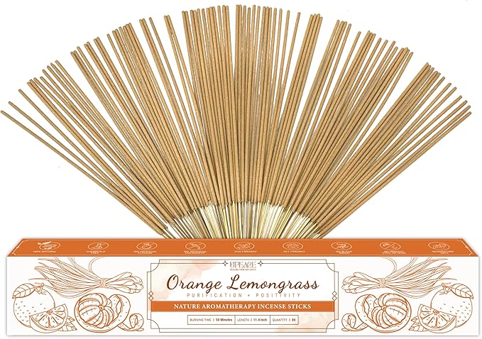 Upeace-Organic-Non-Toxic-Orange-Lemongrass-Incense-Sticks (Bulk 86 Agarbatti Sticks) | 50 Minutes Long Lasting Burn for Positive Vibes, Meditation with Natural Scents, no Synthetic Essential Oils