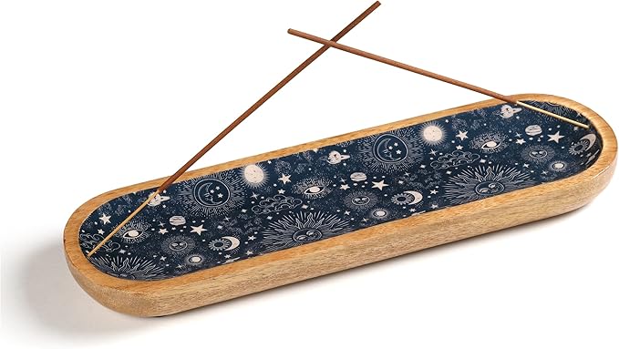 Folkulture Incense Holder for Sticks or Incense Burner Holder, Modern Insence-Stick Holder or Ash Catcher for Home Décor, Wooden Inscents-Holders, Mango Wood Trough, Cosmic