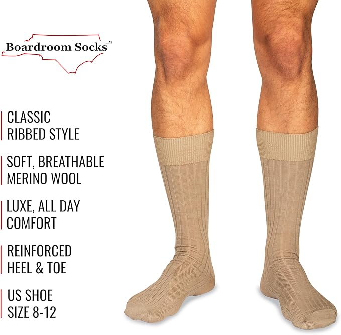 Merino Wool Mid-Calf Dress Socks for Men, Ribbed Dress Socks