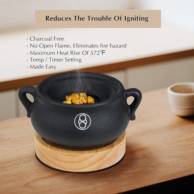 Electric Incense Burner with Timer, Frankincense Resin Burner, Oud Bakhoor Burner, Charcoal Free Quick How-to, Made Easy, No Open Flame, Eliminate Fire Hazards, Safer