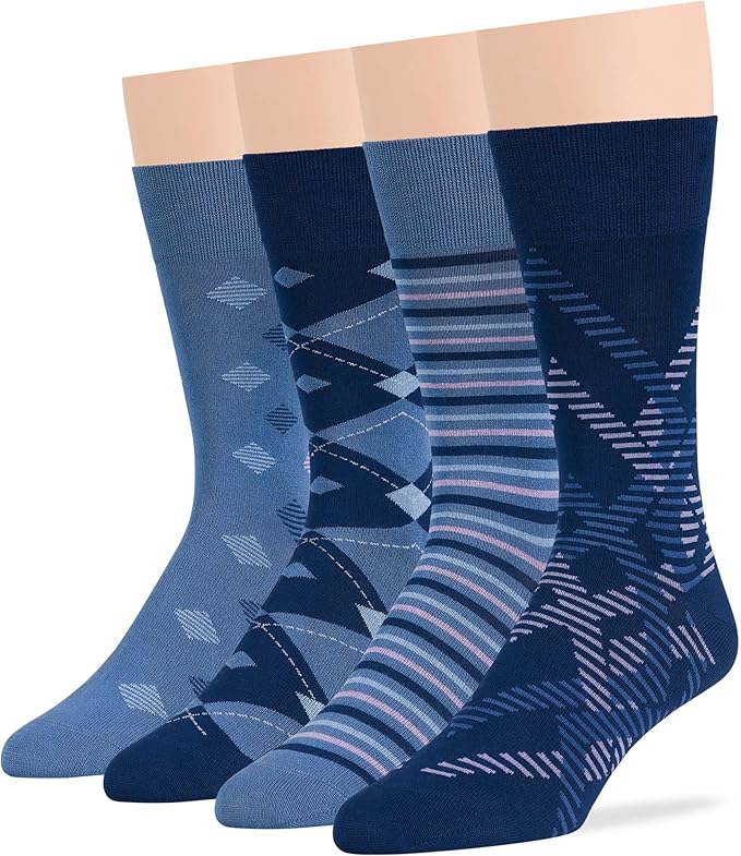 7BigStars Mens Dress Socks – 4 Pack Bamboo Crew Fit, Solid or Patterned, Thin Seamless Breathable Business