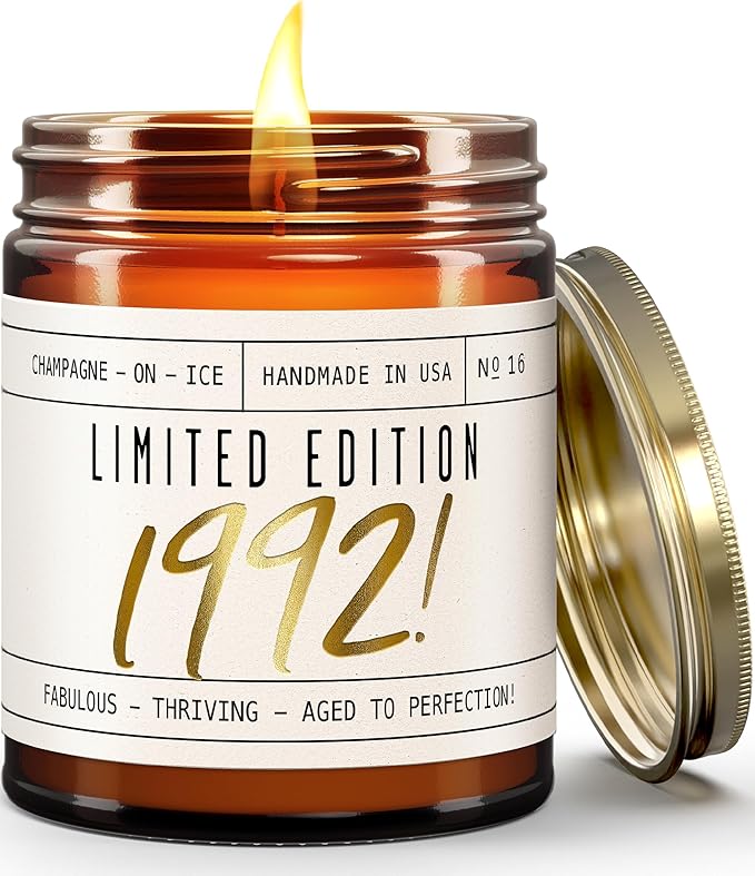 33rd Birthday Gifts for Women - 'Limited Edition 1992' Soy Candle, w/Champagne on Ice I 33 Birthday Gifts for Women I 33rd Gift for Her Ideas I 9oz Reusable Jar, 50Hr Burn, Made in USA