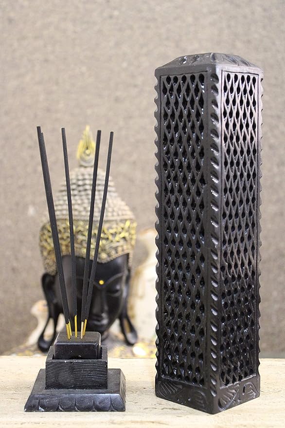 Handmade Marble Black Soapstone Incense Stick Burner | Candle Stick Holder | Tea Light Burner - Perfect Jaali Carving for Gifting. Decorative Home and Kitchen Decor (3 x 3 x 11 Inches).