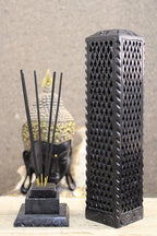 Handmade Marble Black Soapstone Incense Stick Burner | Candle Stick Holder | Tea Light Burner - Perfect Jaali Carving for Gifting. Decorative Home and Kitchen Decor (3 x 3 x 11 Inches).