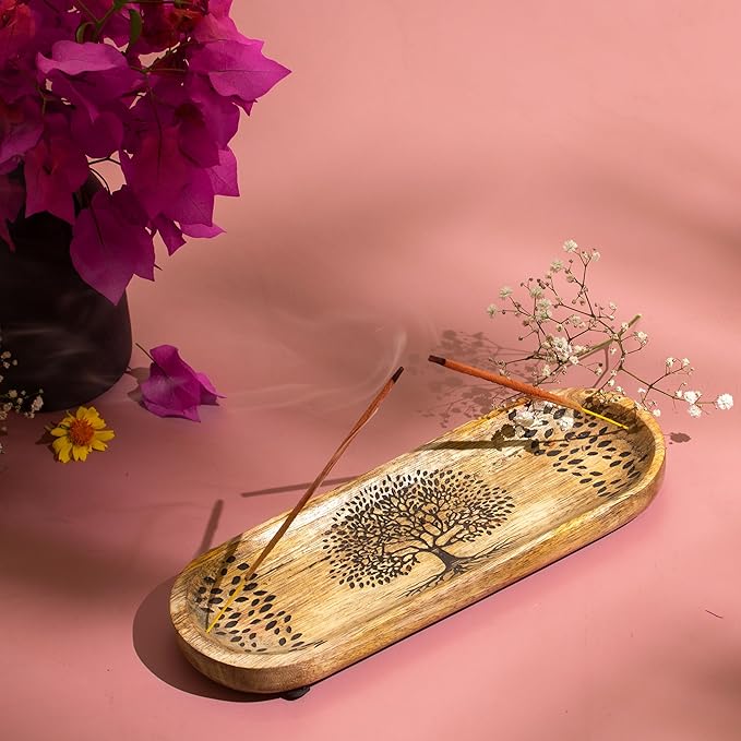 Incense Holder for Sticks Hand Carved - Tree of Life - Incense Burner/Ash Catcher- Handmade Wooden Insence Tray – Modern Gift Home/Room/Kitchen Décor 11x4x1.5 Inch