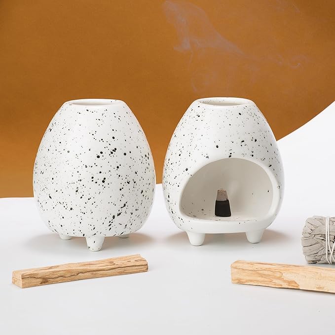 Palo Santo Holder Burner, Handcrafted Ceramic Incense Holder Burner and Ash Catcher for Palo Santo Sticks or sage Bundles, Smudge Bowl, Meditation Home Decor (Speckled White)