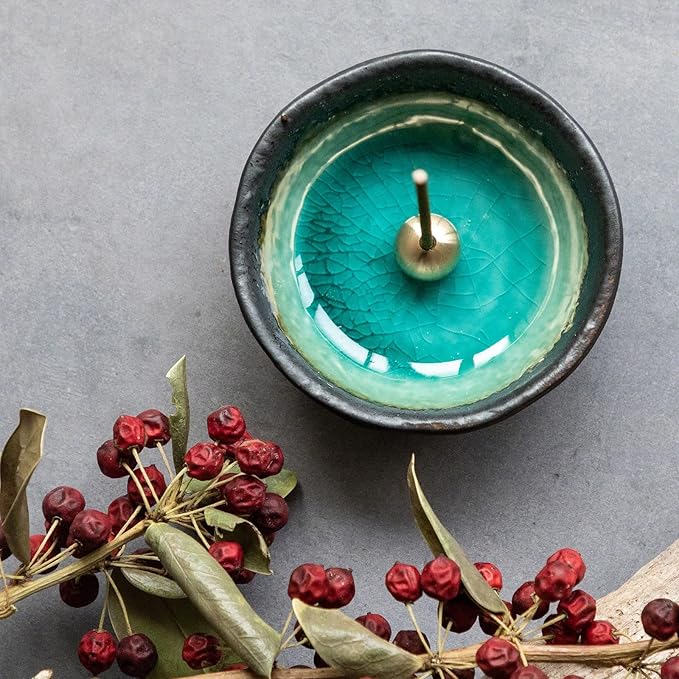 Asayu Japan Low Smoke Incense Gift Set with Incense Holder and Brass Stand, Floral Set (Jasmine & Rose) Incense Sticks with Mini Nature Aquamarine Incense Holder