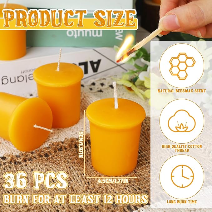 36 Pcs Beeswax Votive Candles Unscented Pure Beeswax Votive Candles Bulk Naturally Colored Bees Wax Candle for Home Room Party Wedding Spa Gift, 15 Hours Burn Time Each
