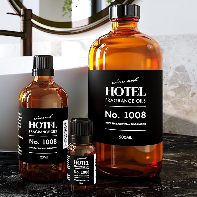 AirScent Hotel Diffuser Oil No. 1008 - White Tea, Aloe Vera & Sandalwood - Hotel Scent Dupe - Premium Fragrance Oil for Ultrasonic and Waterless Diffusers and Crafting - 120 mL, 4 fl oz Glass Bottle