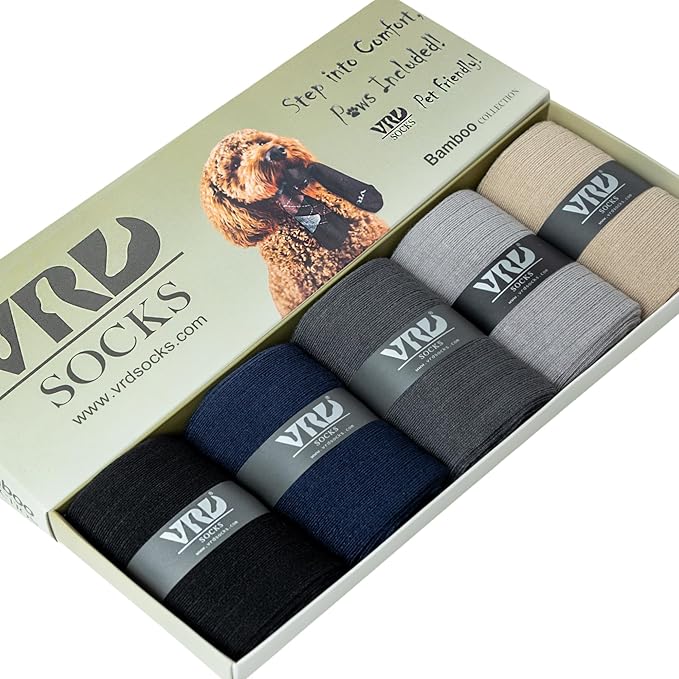 VRD Men’s Dress Socks, Bamboo 5-Pack Mens Socks, Mid Calf Length, Crew Socks Gift for Men Shoe Size 8-13