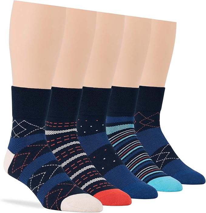 7BIGSTARS KINGDOM Men Diabetic Non-Binding Cotton Quarter Socks - 5 Pack Big Tall - Geometric, Stirpe, Dot Pattern - Sock Size 13-15 Shoe Size 12-15 XL Navy Blue, Denim Blue, Orange