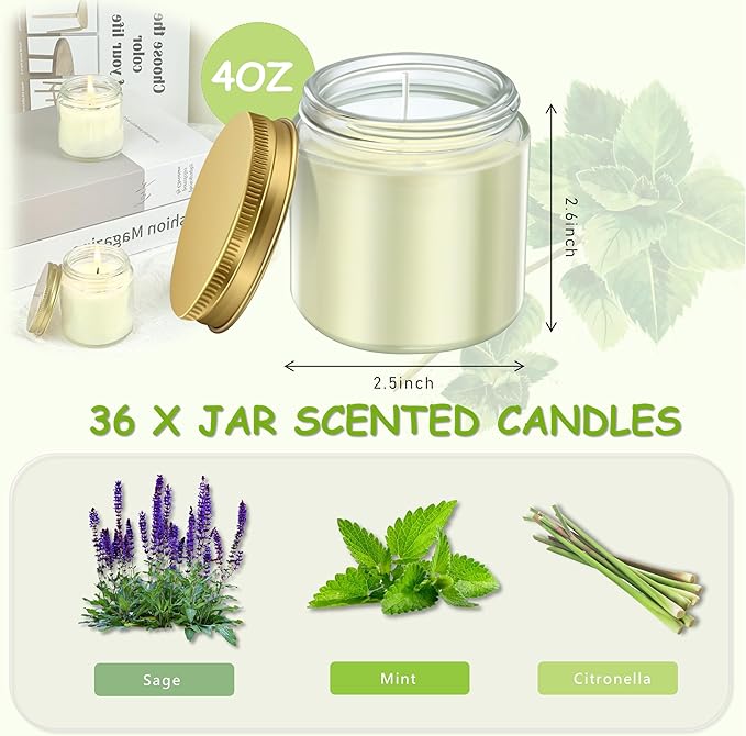 ACITHGL 36 Pcs 4oz Mini Mason Jar Candles Small Scented Candles Bulk Aromatherapy Ideal Souvenir Favors for Wedding Birthday Party (Sage, Mint, Citronella, Gold)