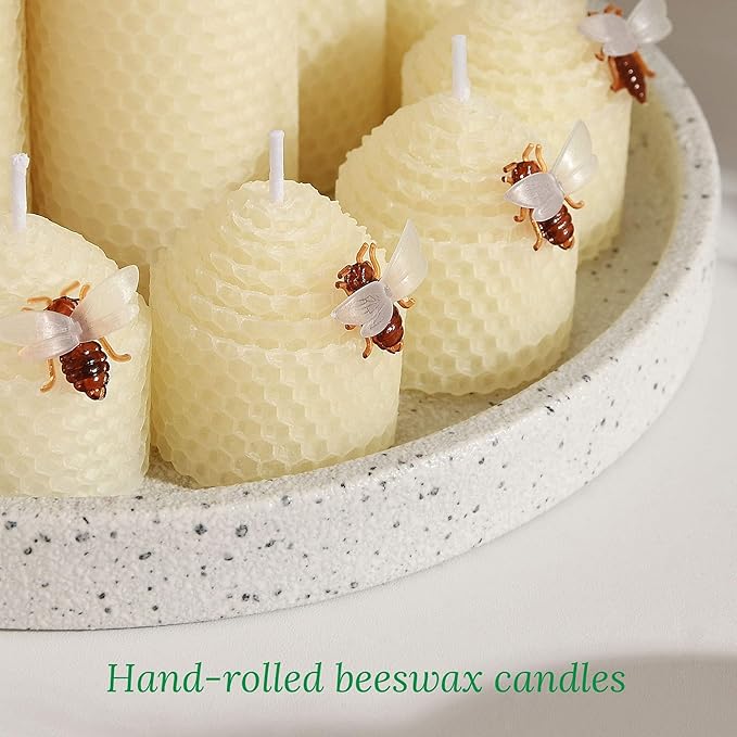 Natural Beeswax Candles 12 Pack, Hand Rolled Bee Themed Candles - 3.5 Hours Burn Time Each, Smokeless and Dripless for Home Decor, Party Favors, Gifts