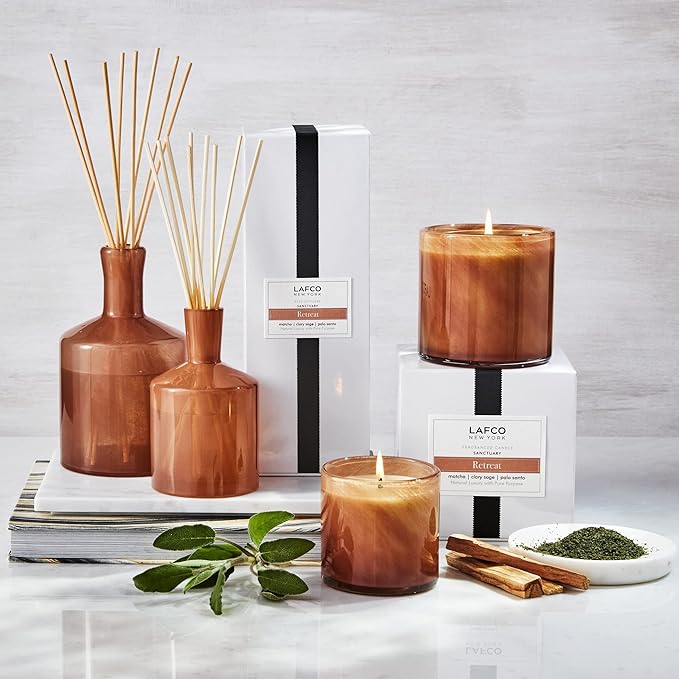 LAFCO New York Signature Reed Diffuser, Retreat - 15 oz - Up to 9 Months Fragrance Life - Reusable, Hand Blown Glass Vessel - Natural Wood Reeds - Made in The USA
