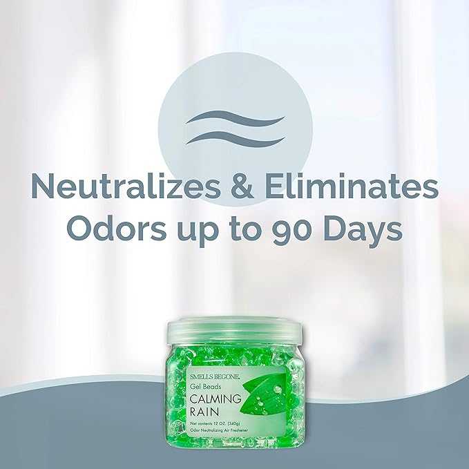 SMELLS BEGONE Odor Eliminator Gel Beads - Air Freshener - Eliminates Odor in Bathrooms, Cars, Boats, RVs and Pet Areas - Made with Essential Oils - Calming Rain Scent - 12 Ounce