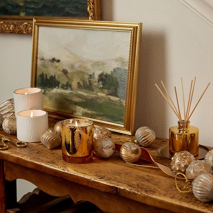 Thymes Frasier Fir Candle - Gilded Collection - Wood Grain Ceramic Design with 24-Karate Gold Rim - Mountain Fresh Fragrance - Elegant Winter Candle Scents - Gifts for Women & Men (Medium, 11 oz)