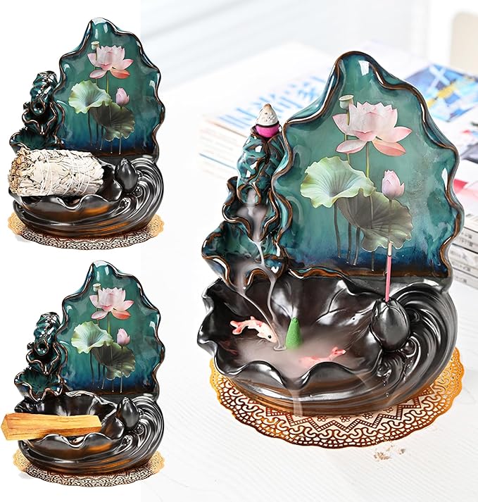 Mountain Waterfall Incense Burner，Backfall Incense Holder River, Incense Falls Meditation Decor for Room with Upgrade Incense Cones and Accessories (Applique)
