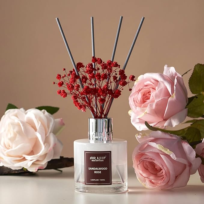 Airkeep Reed Diffuser Set,3.38 fl oz (100 ml) - Sandalwood Rose Oil Diffusers with 8 Reed Sticks,Home Fragrance Reed Diffuser for Bathroom Shelf Decor