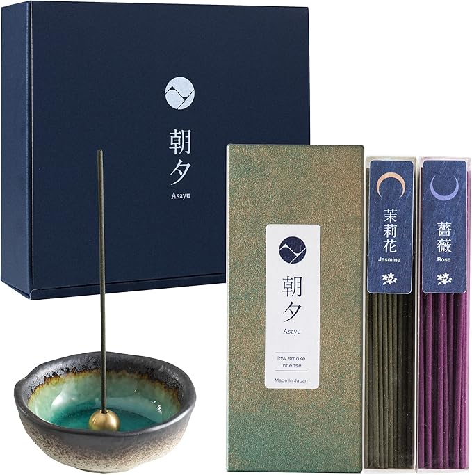 Asayu Japan Low Smoke Incense Gift Set with Incense Holder and Brass Stand, Floral Set (Jasmine & Rose) Incense Sticks with Mini Nature Aquamarine Incense Holder