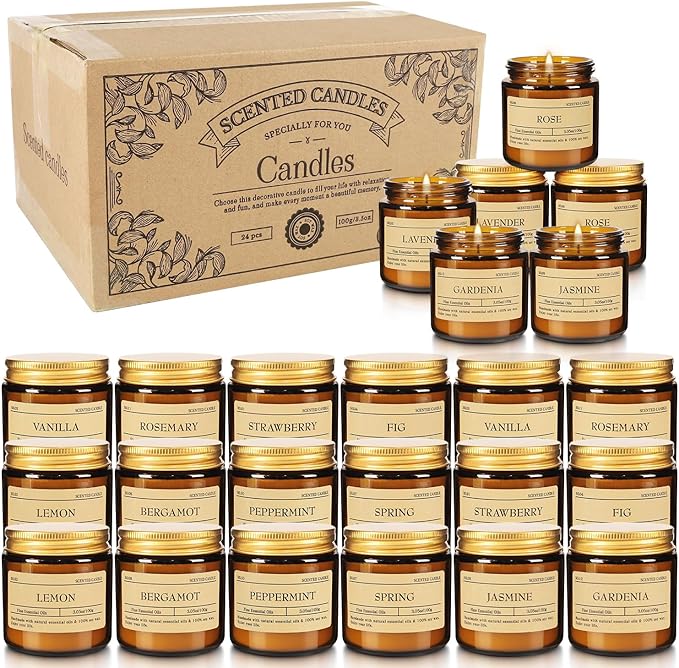 Scented Candle Set 24 Pack, Candle for Home Scented, Odor Eliminating, Stress Relief, Long Lasting Soy Wax Gift Set