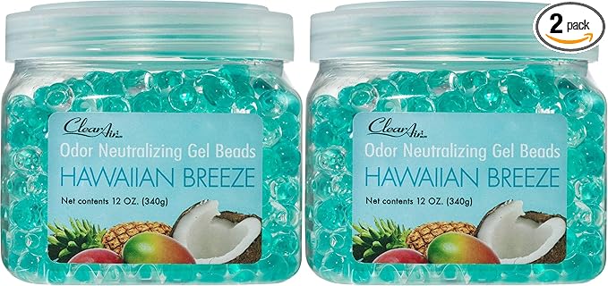 Clear Air Odor Eliminator Gel Beads - 12 oz, Pack of 2 - Air Freshener Made with Essential Oils - Eliminates Odors in Bathrooms, Cars, Boats, RVs & Pet Areas - Hawaiian Breeze Scent