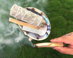 Sage Kit - Blue Sage Smudge Stick ~ Abalone Shell for Smudging ~ Palo Santo Sticks ~ 2 inchTripod Stand ~ 8 inch Feather and White Sand