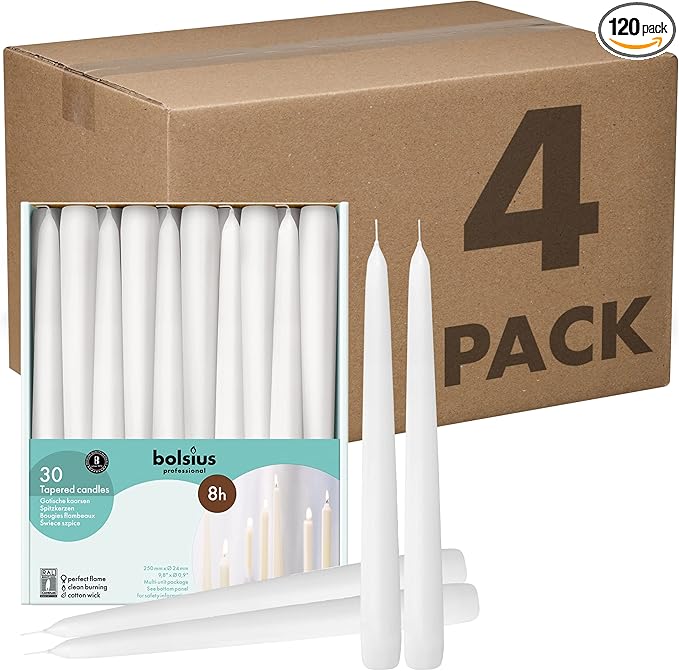 BOLSIUS White Taper Candles - Bulk Case of 4 Packs = Total 120 Candles - 8 Hours - Premium European Quality - Consistent Smokeless Flame - Unscented Dripless Candlesticks