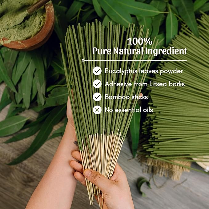 Organic-Natural-Non-Toxic-Eucalyptus-Incense-Sticks (86 Agarbatti Sticks) | 75 Minutes Long Lasting Burn for Positive Vibes, Relaxation, Aromatherapy, Air Purification, Meditation, Protection